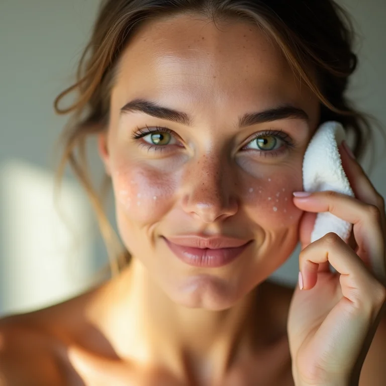 Mulher branca aplicando água de arroz no rosto com algodão