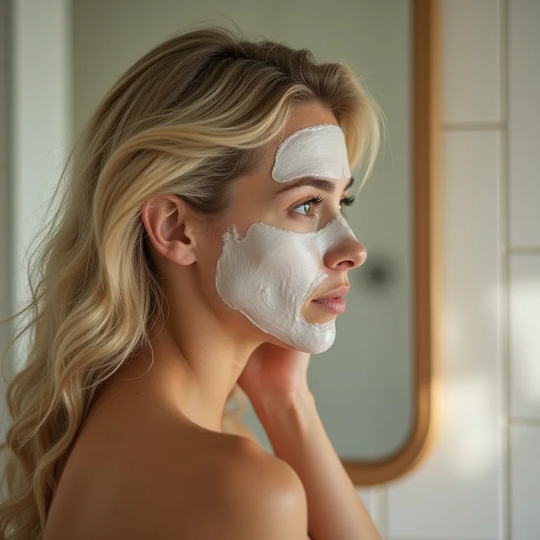 Mulher branca aplicando máscara de hidratação no cabelo loiro