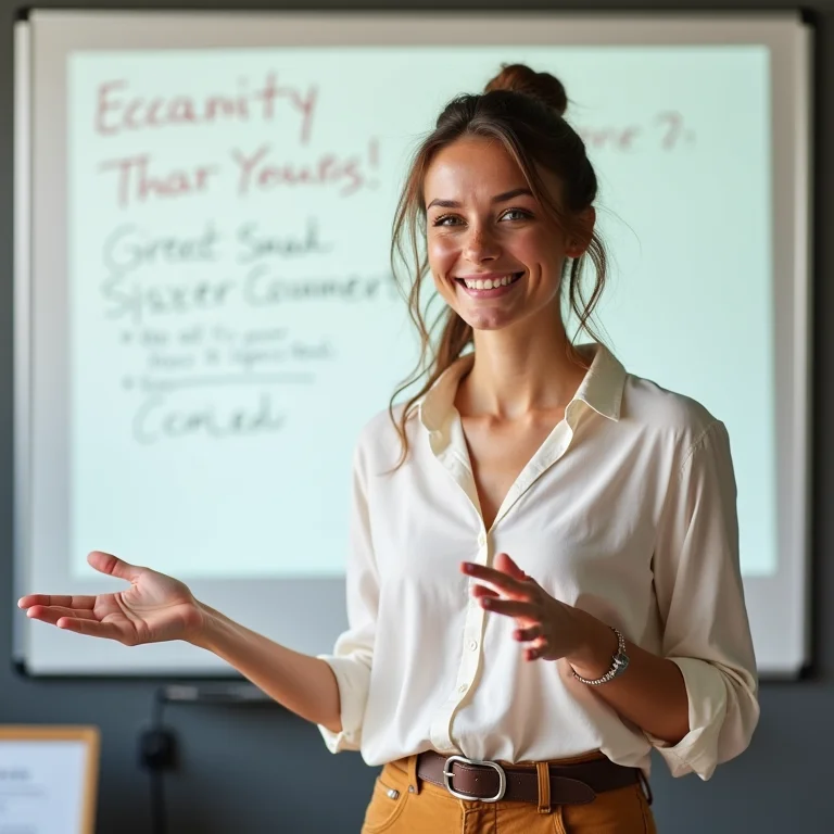 Mulher branca apresentando em reunião com quadro branco.