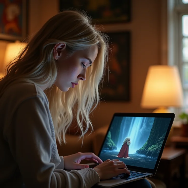 Mulher branca assistindo A Viagem de Chihiro no laptop