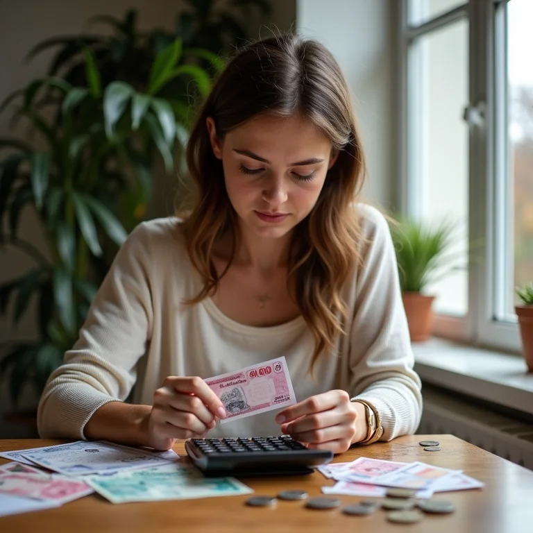 Mulher branca calculando preço de bilhete de rifa online