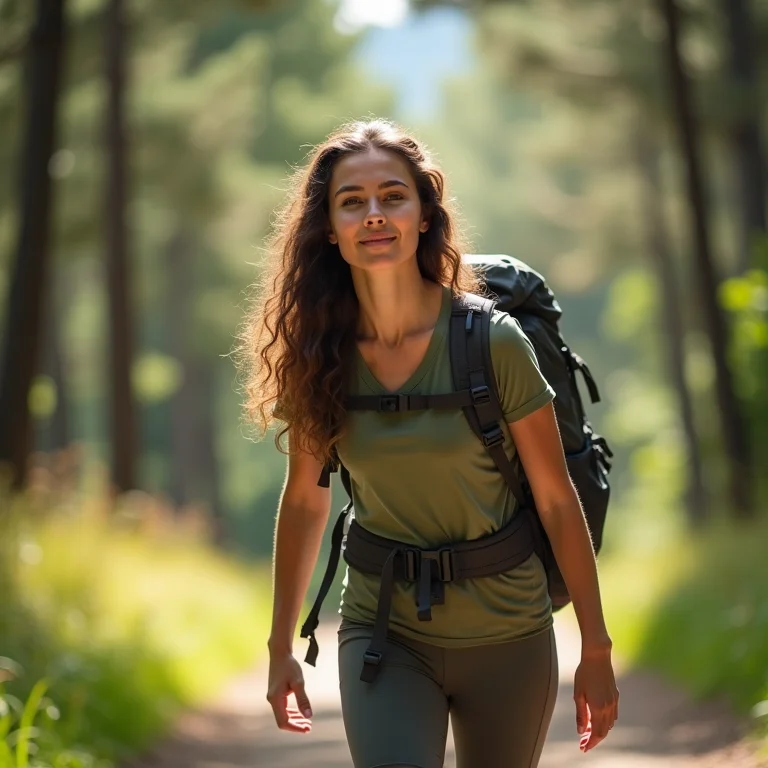 Mulher branca caminhando em subida de parque