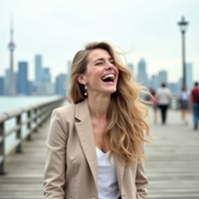 Mulher branca caminhando no calçadão das Toronto Islands