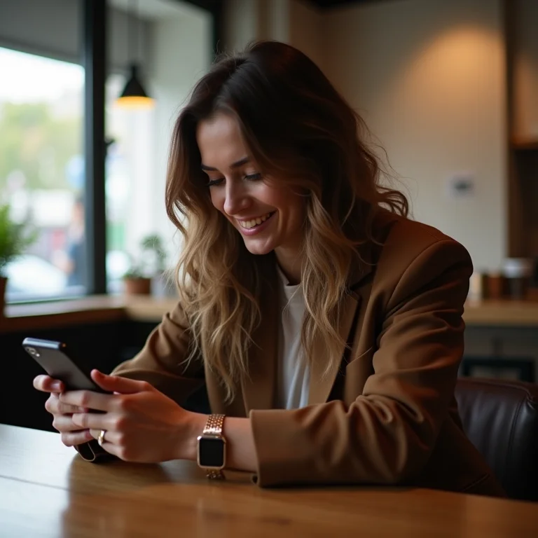 Mulher branca checando taxas de câmbio no celular em uma cafeteria.