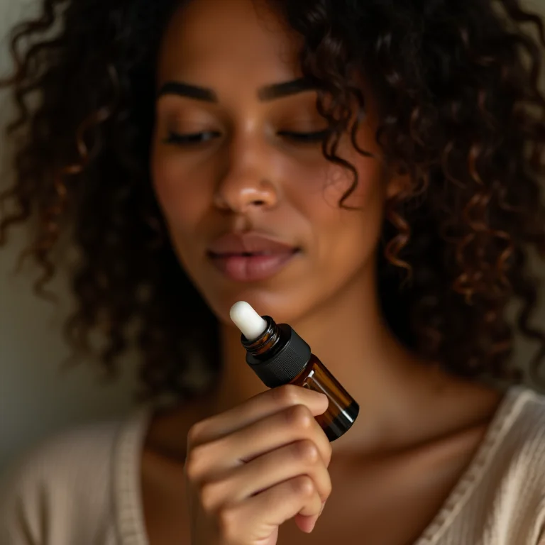 Mulher branca cheirando óleo essencial puro