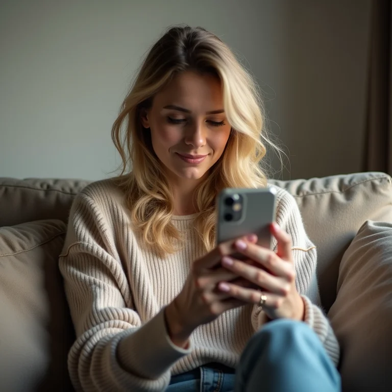 Mulher branca com cabelo ondulado definindo limites no celular