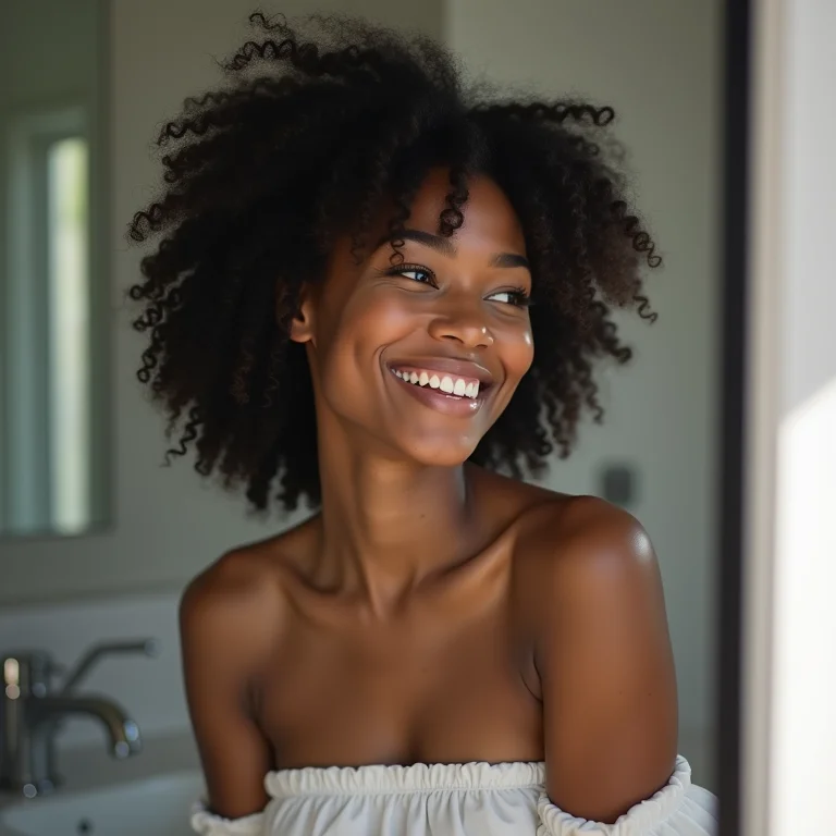 Mulher branca com cabelo ondulado sorrindo em banheiro preto e branco