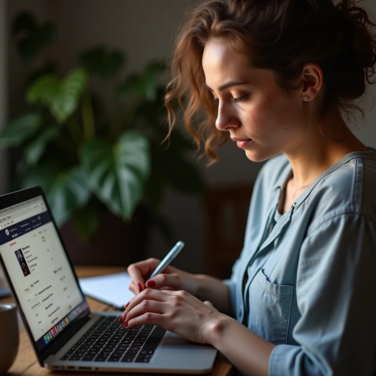 Mulher branca com sardas analisando assinaturas de streaming em um laptop e cancelando serviços.