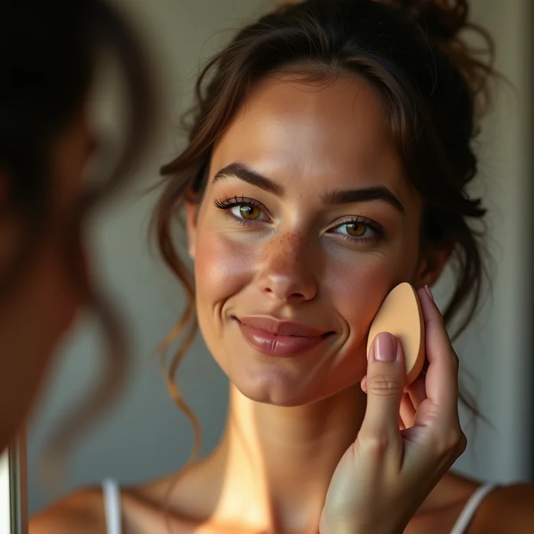 Mulher branca com sardas aplicando base com uma esponja em frente ao espelho.