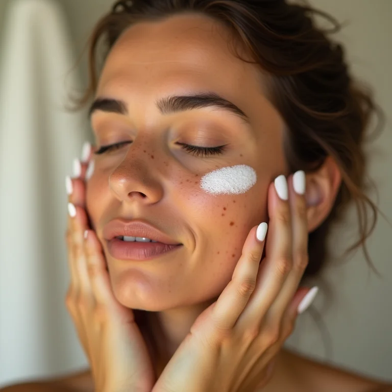 Mulher branca com sardas aplicando protetor solar no rosto.