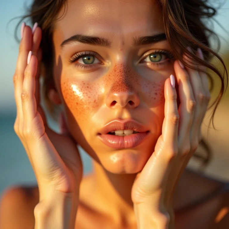 Mulher branca com sardas aplicando protetor solar no rosto.