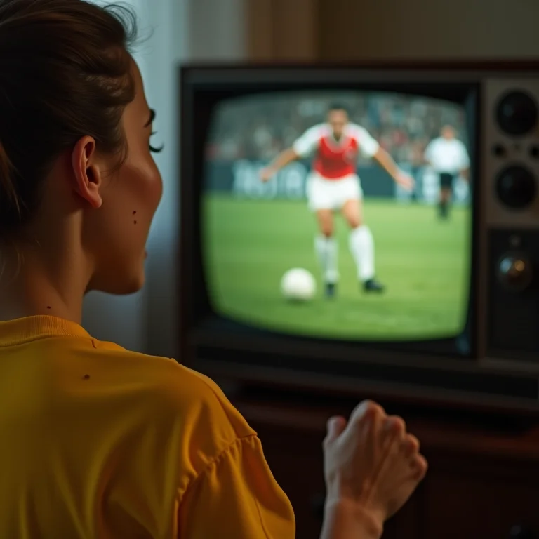 Mulher branca com sardas celebrando gol assistindo TV antiga com Pelé