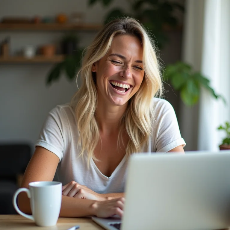 Mulher branca com sardas celebrando pequena vitória no trabalho remoto