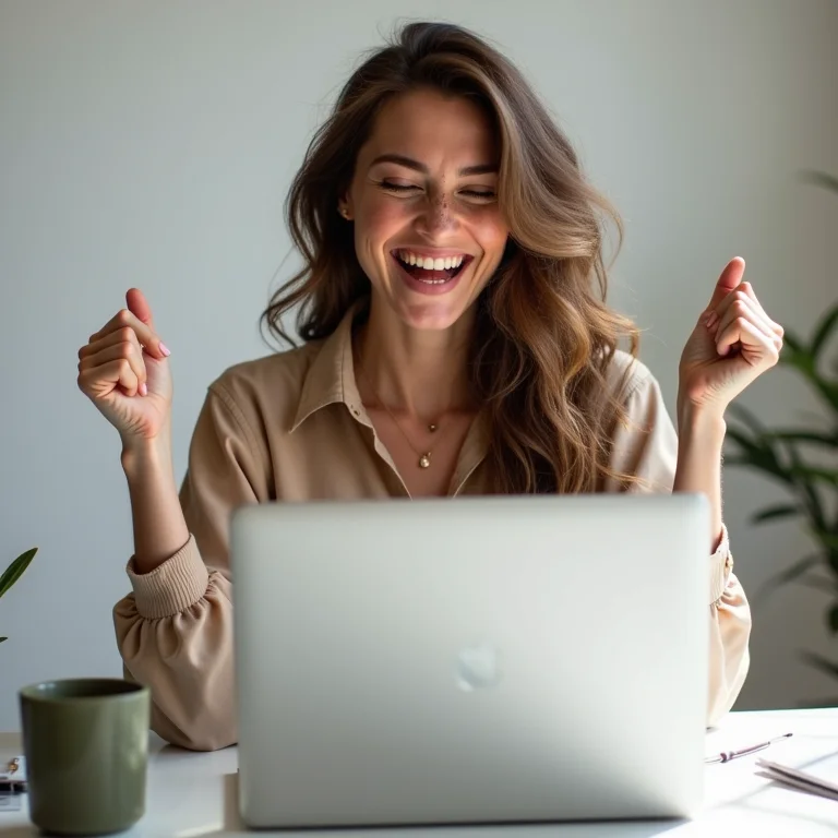 Mulher branca com sardas celebrando sucesso em investimentos de renda variável