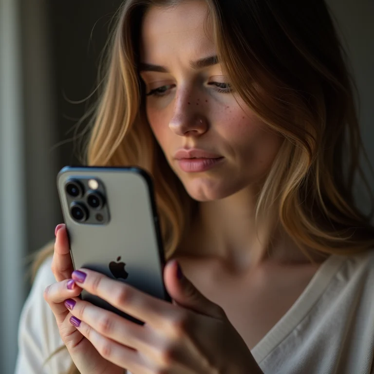 Mulher branca com sardas checando IMEI do iPhone