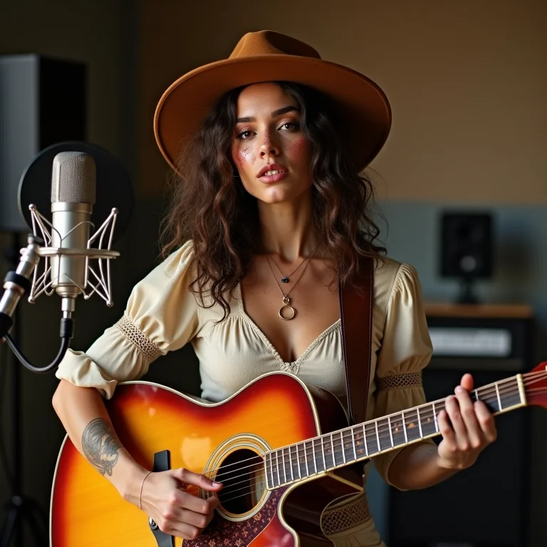 Mulher branca com sardas e cabelo ondulado posando com guitarra