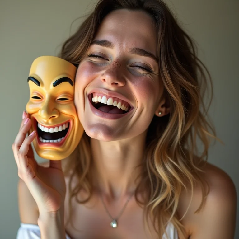 Mulher branca com sardas e cabelo ondulado rindo alegremente segurando uma máscara de comédia