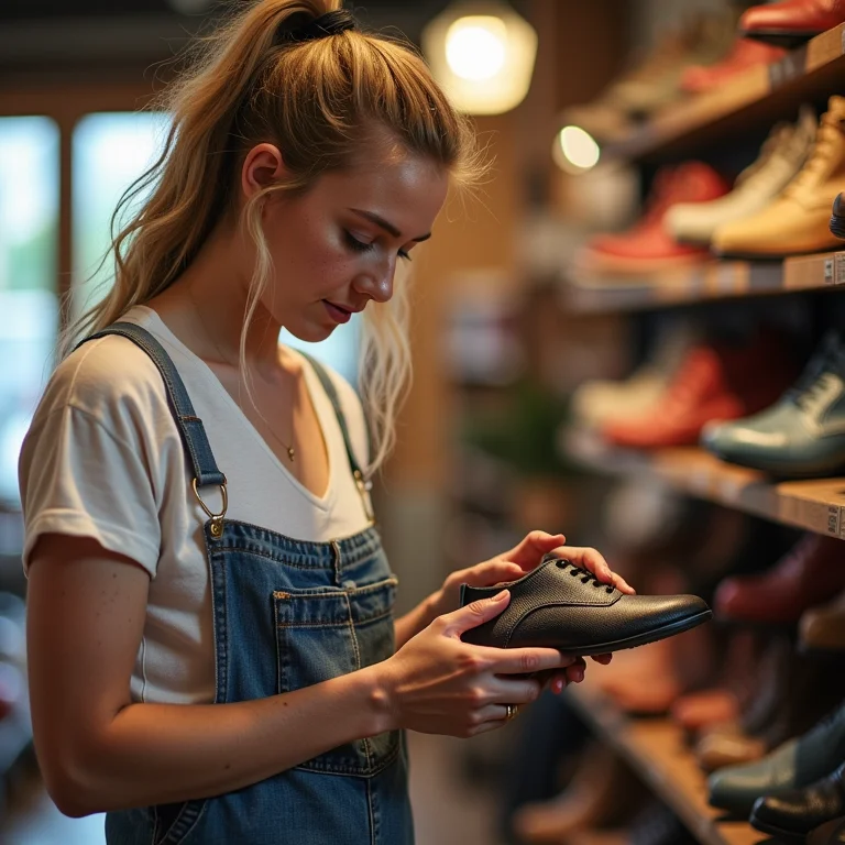 Mulher branca com sardas experimentando tênis em loja