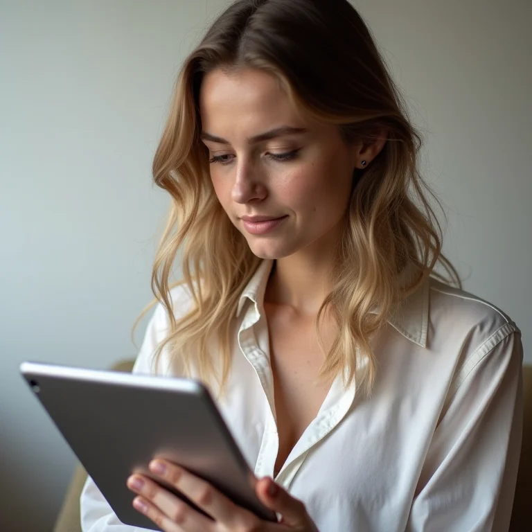 Mulher branca com sardas navegando em site de empresa no tablet.