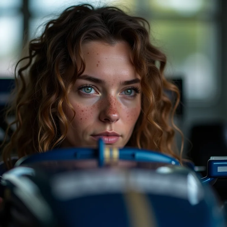 Mulher branca com sardas olhando para um carro de Fórmula 1.