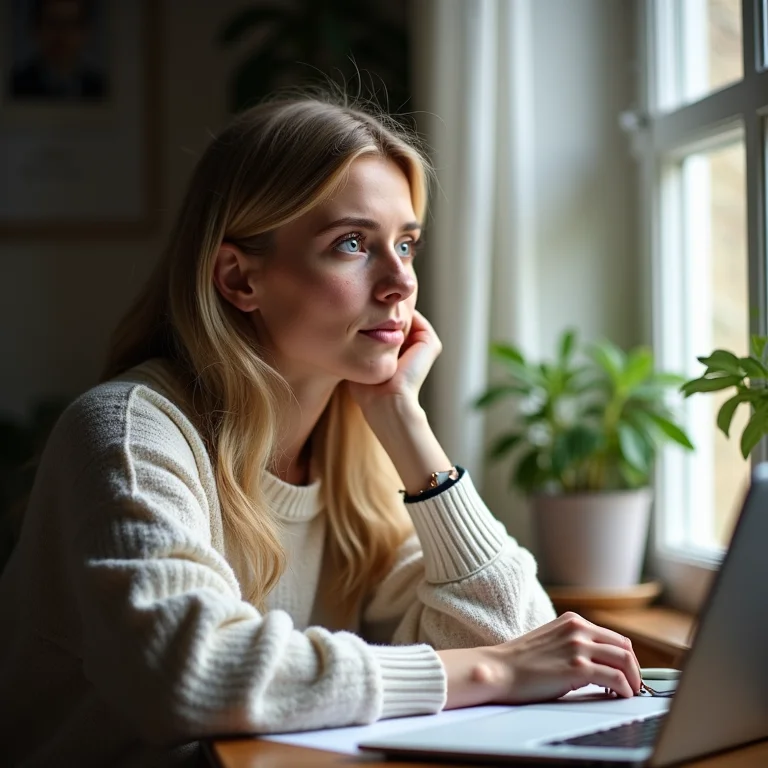 Mulher branca com sardas olhando pensativa pela janela enquanto trabalha em casa.
