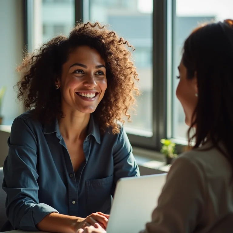 Mulher branca com sardas ouvindo atentamente um colega de trabalho.