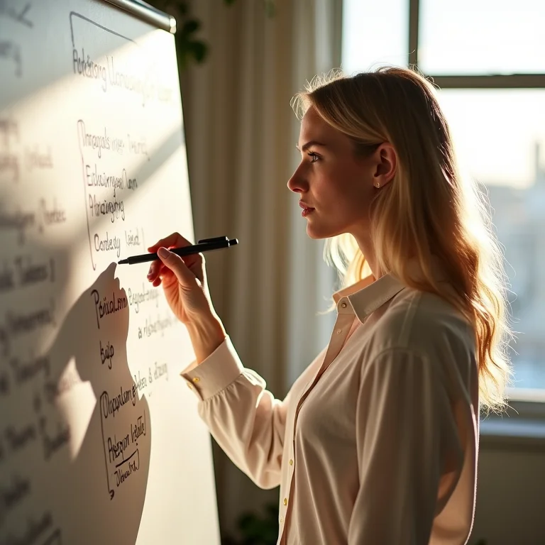 Mulher branca com sardas participando de uma análise de risco e brainstorming.