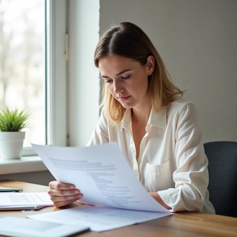 Mulher branca com sardas pesquisando ações pagadoras de dividendos em relatórios financeiros.