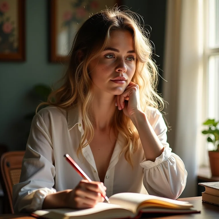 Mulher branca com sardas refletindo sobre suas prioridades financeiras