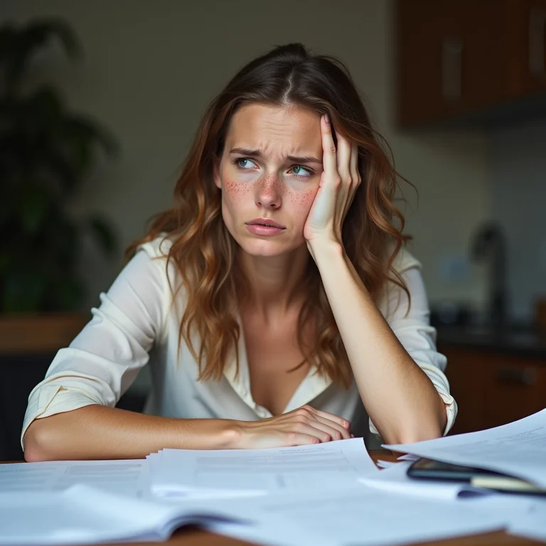 Mulher branca com sardas, sobrecarregada com papelada, representando as causas do MEI Inapto