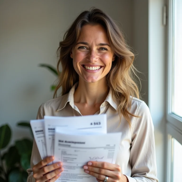 Mulher branca com sardas sorrindo enquanto segura extratos bancários para comprovar renda como MEI