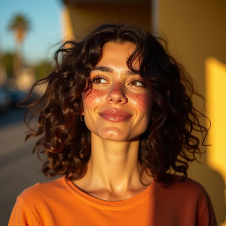 Mulher branca com sardas sorrindo para obras de Tarsila do Amaral em exposição infantil