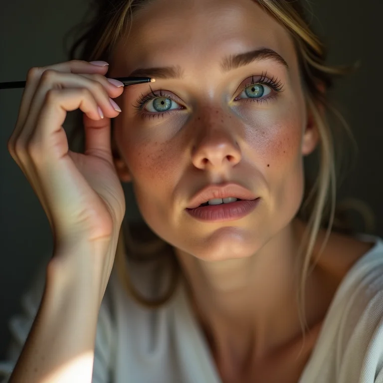 Mulher branca com sardas tentando fazer delineado gatinho