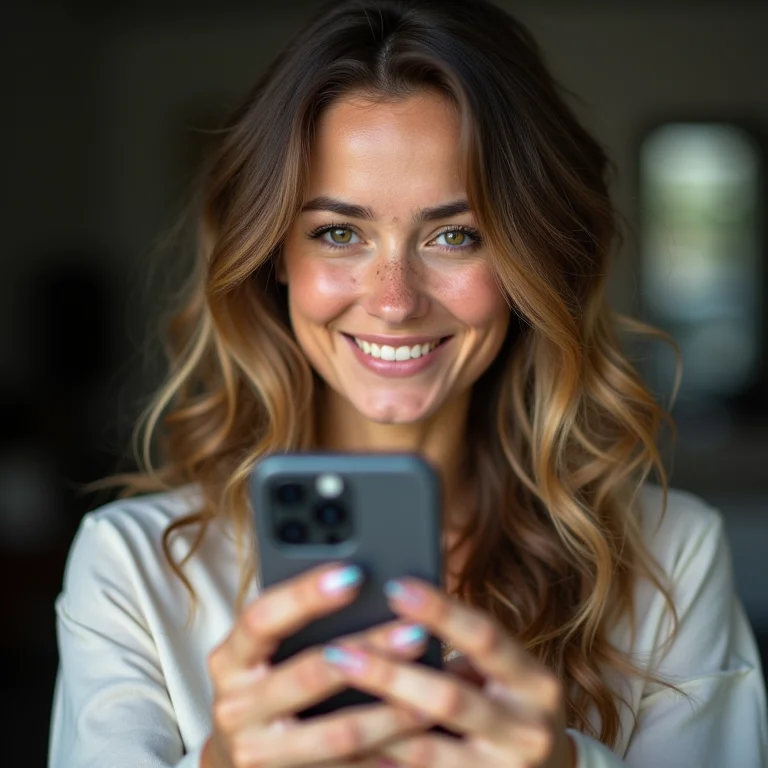 Mulher branca com sardas tirando uma foto profissional com um smartphone.