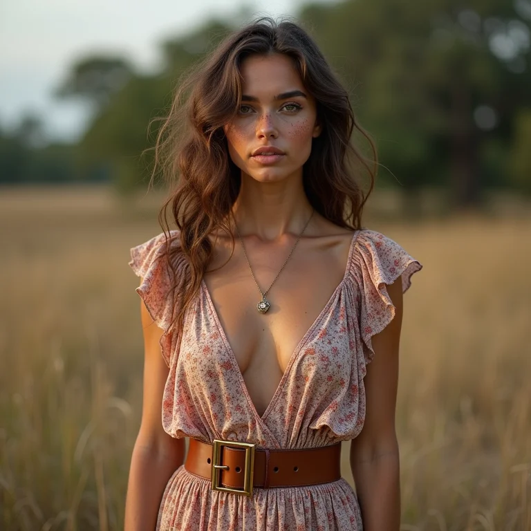 Mulher branca com sardas usando cinto largo