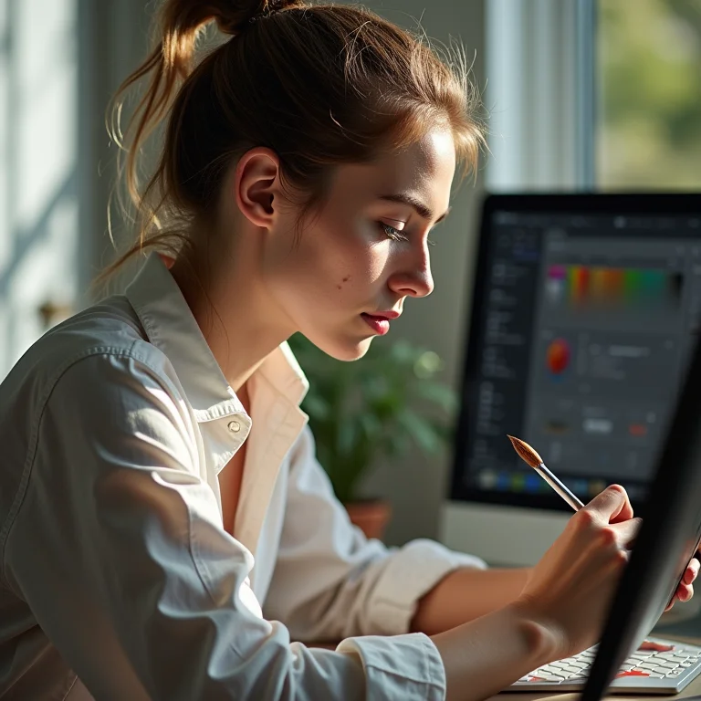 Mulher branca com sardas usando o Paint.NET em seu computador