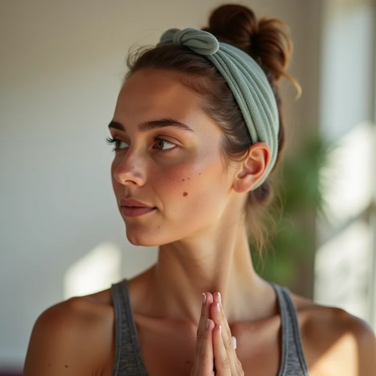 Mulher branca com sardas usando uma faixa elástica tradicional durante a prática de yoga.