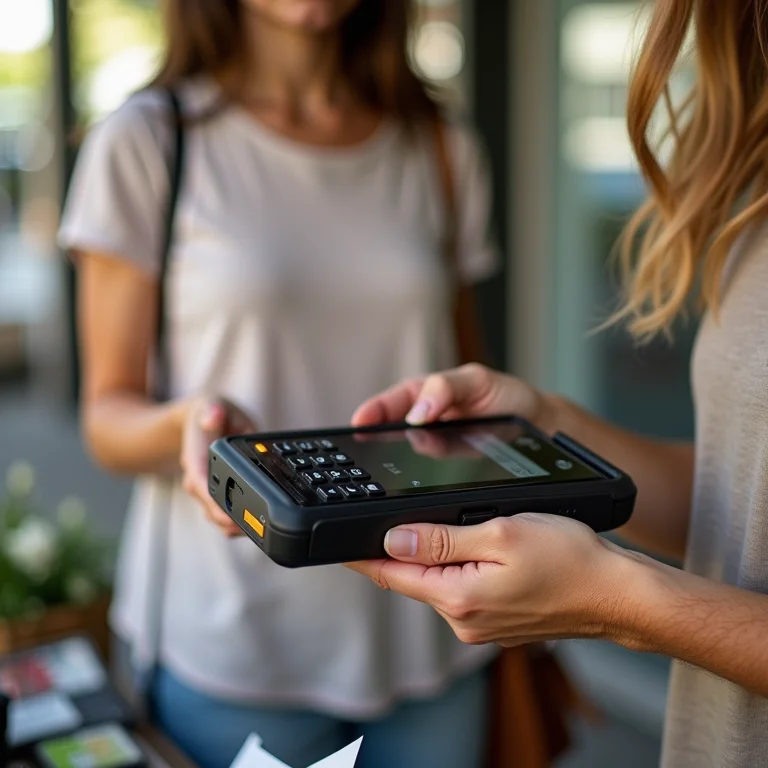 Mulher branca com sardas utilizando a maquininha Mercado Pago Point Mini em feira artesanal.