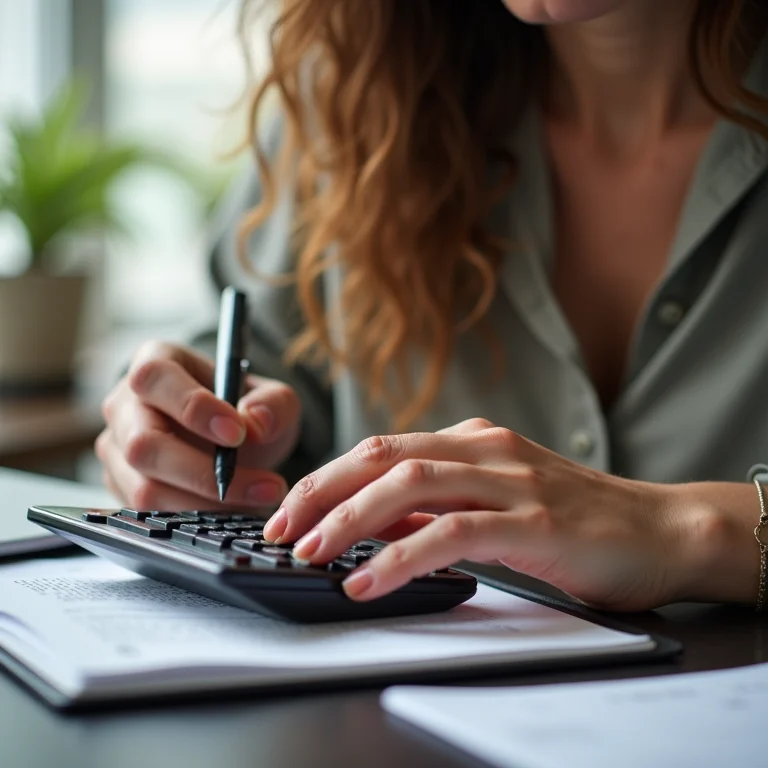 Mulher branca com sardas utilizando uma calculadora em um ambiente de trabalho.