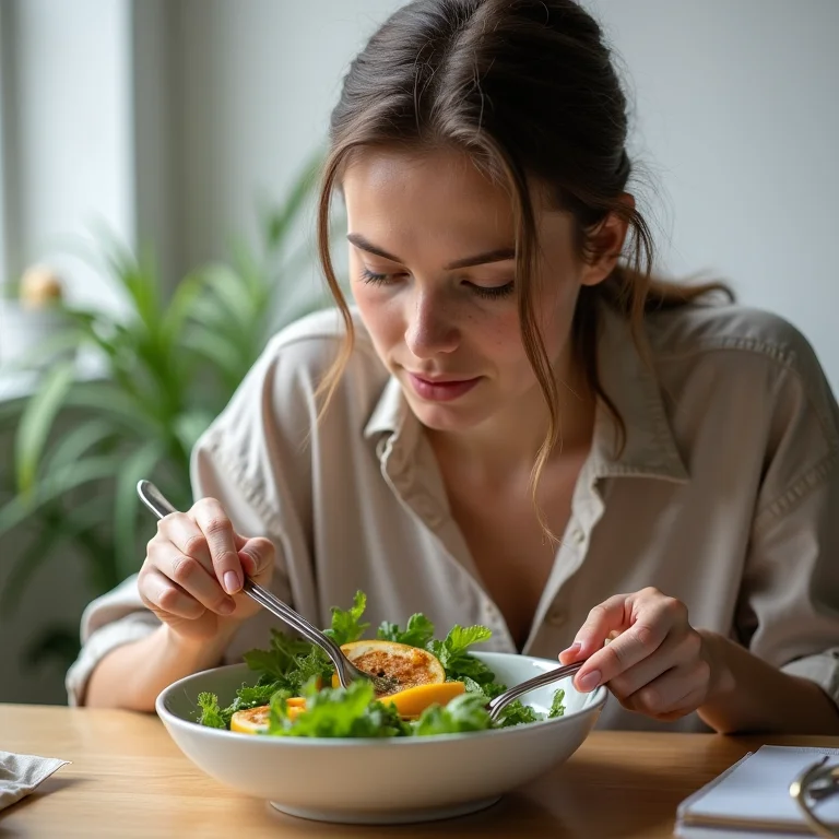 Mulher branca comendo salada durante a pausa para o almoço