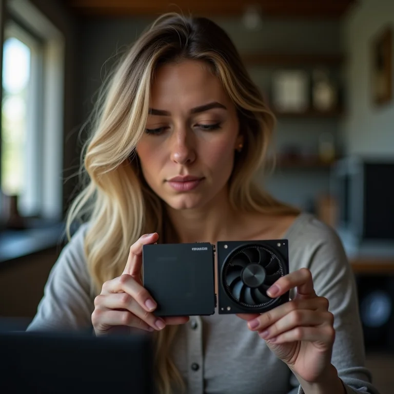 Mulher branca comparando componentes de PC para otimizar o investimento