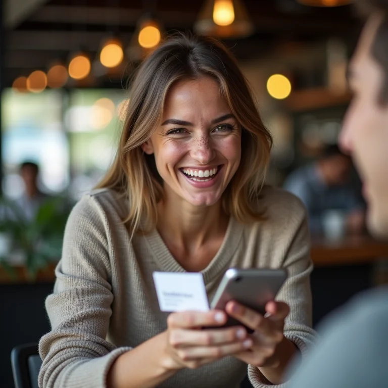 Mulher branca compartilhando cartão de visita digital