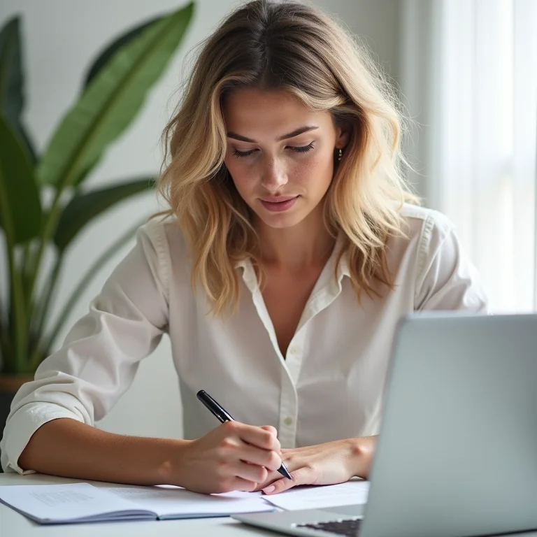 Mulher branca concentrada criando planilha de controle de horas no laptop.