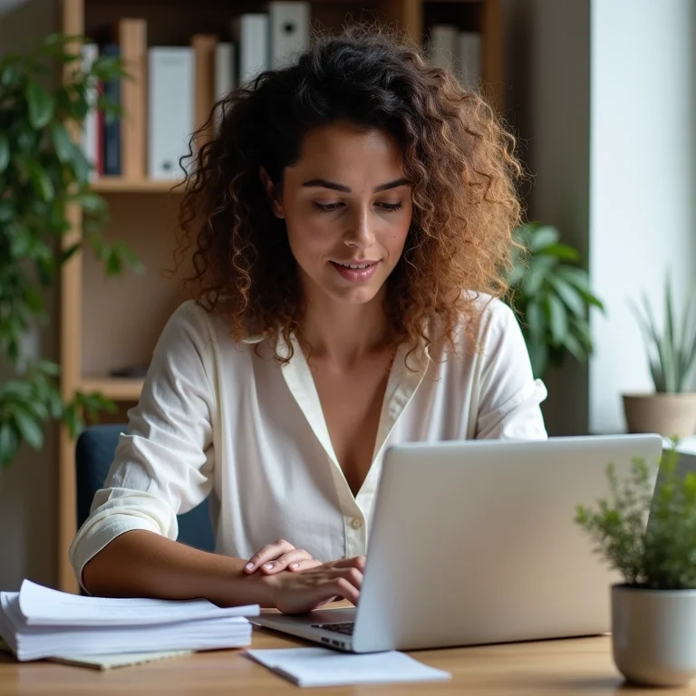 Mulher branca concentrada imprimindo seu CNPJ MEI