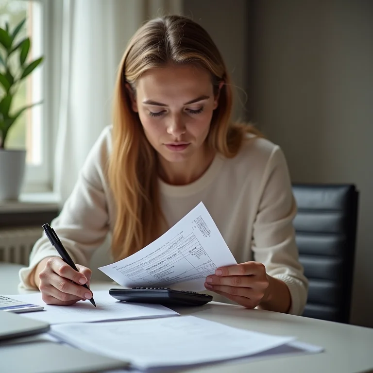 Mulher branca conferindo recibos e usando calculadora, representando a prevenção de problemas legais e fiscais.
