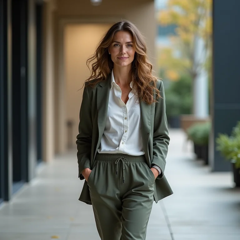 Mulher branca confiante usando calça jogger no ambiente de trabalho