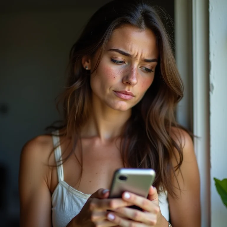 Mulher branca confusa com mensagem no WhatsApp