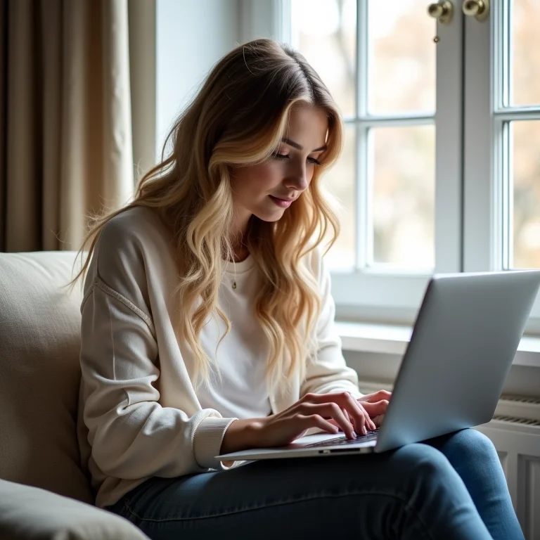Mulher branca consultando CPF online no laptop.