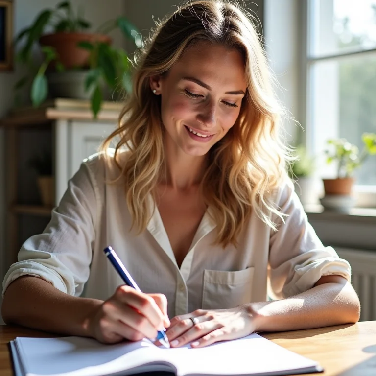 Mulher branca definindo metas e riscando tarefas da lista