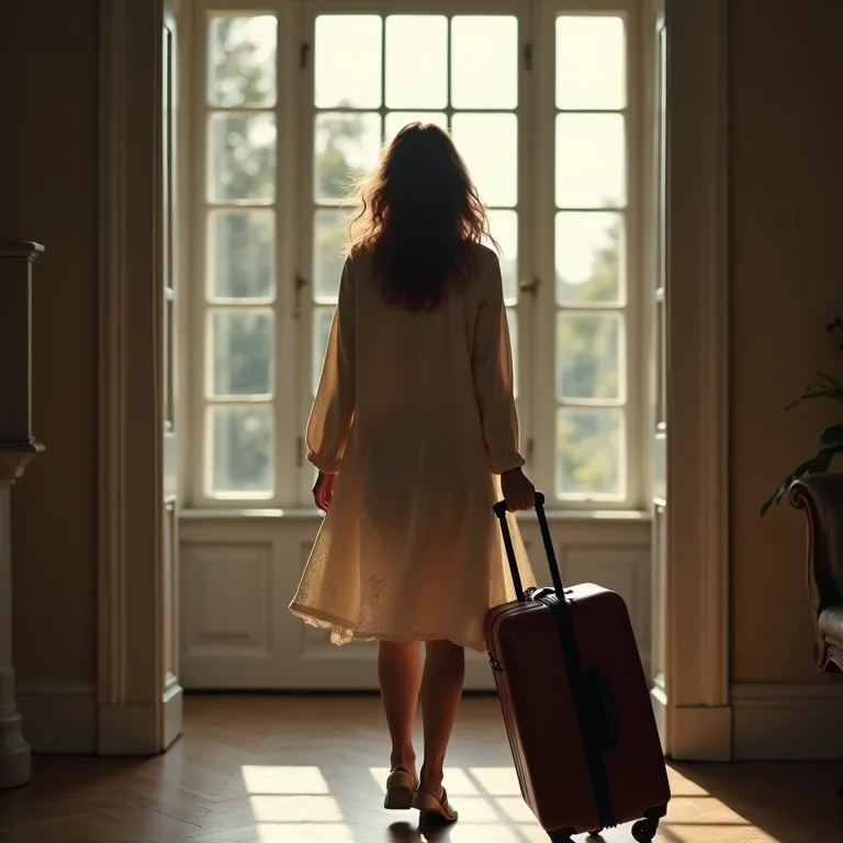 Mulher branca deixando uma casa grande com uma mala na mão.